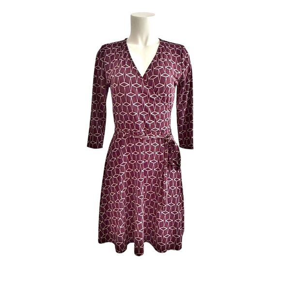 41 Hawthorn Burgundy Geometric Print Faux Wrap Tie Belt Dress size Small - Picture 1 of 7